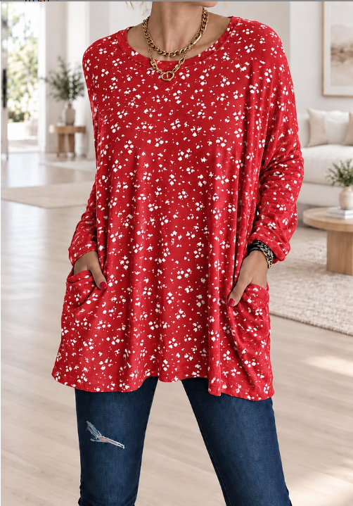 Bright Red White Speckled Long Sleeve Tunic Top With Pockets