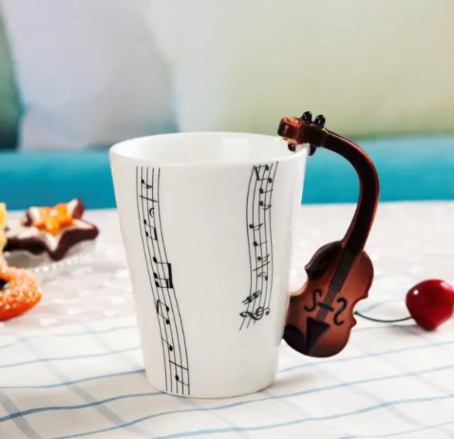 Coffee cup with music notes in the form of saxophone handle ceramic porcelain cup of tea milk method Violin Dark Brown - Shop at LoveMi