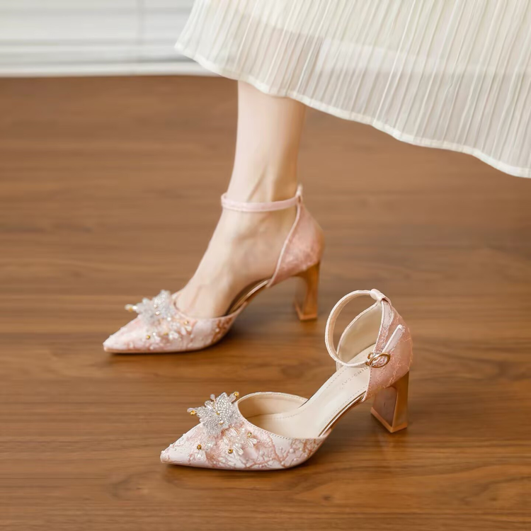Women Pointed Toe Rhinestone Butterfly Ankle Strap Block Heel Sandals