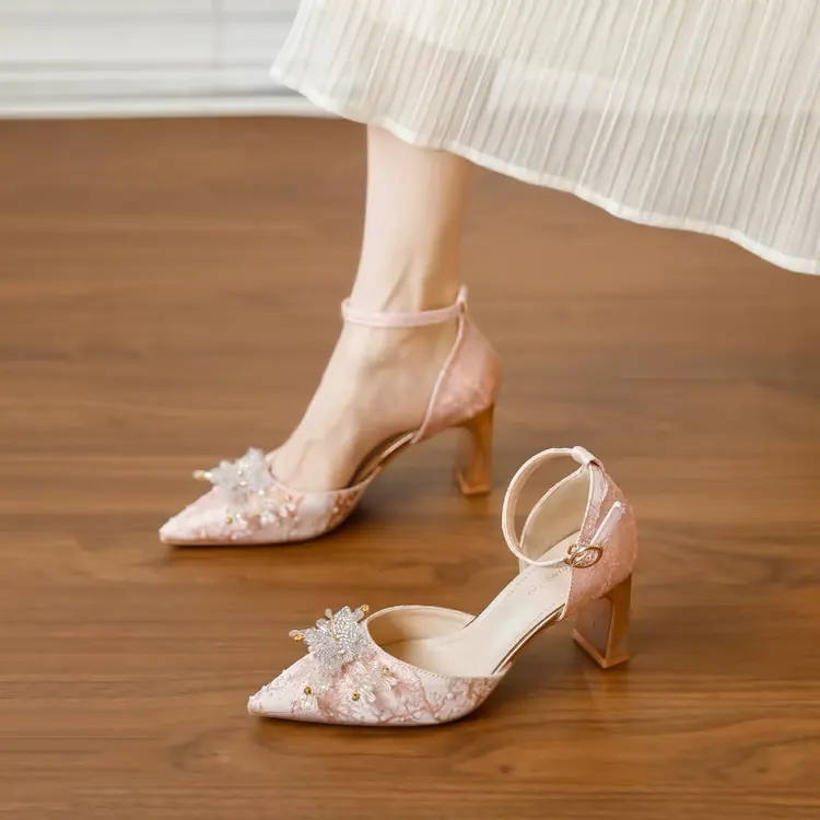 Women Pointed Toe Rhinestone Butterfly Ankle Strap