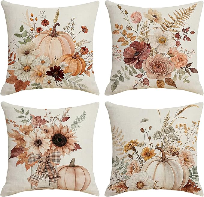 4-Piece Pumpkin Floral Fall Throw Pillow Covers, 18x18 Inch Decorative Autumn Cushion Covers