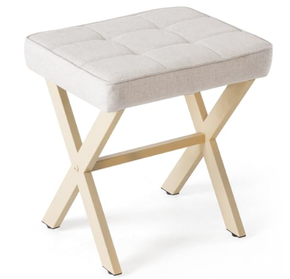 Square Linen Stool, Small Ottoman Stool Chair, Metal X legs, Soft Cushion Seat Beige - Shop at LoveMi