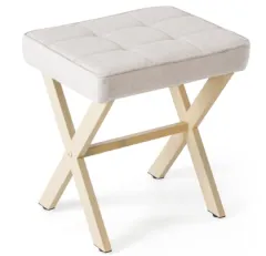 Square Linen Stool, Small Ottoman Stool Chair, Metal X-legs, Soft Cushion Seat - Beige - View 1
