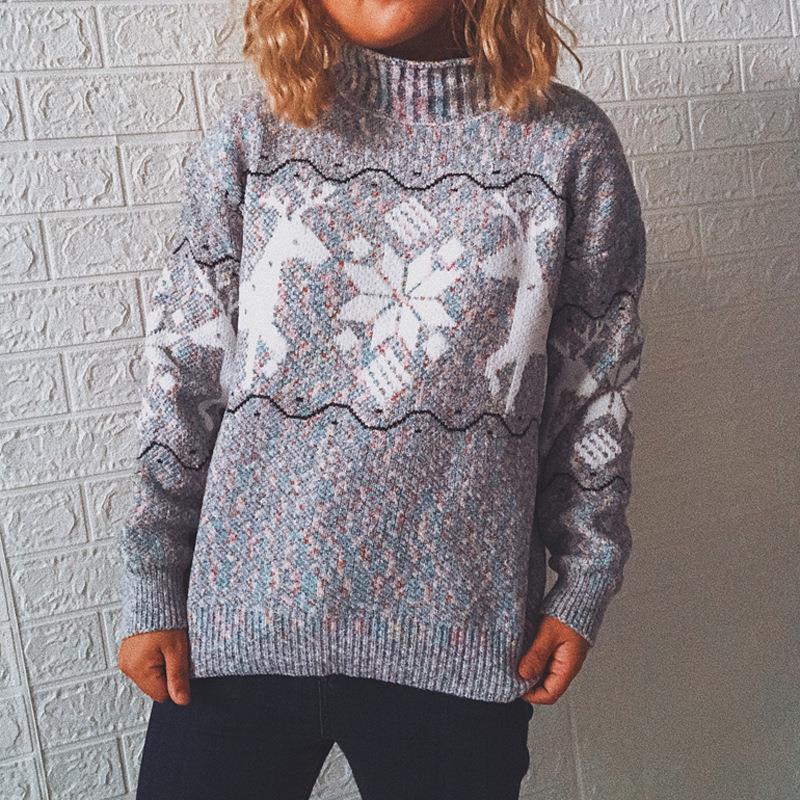 Christmas Sweater Snow Deer High Neck Long Sleeve Knitted Pullover