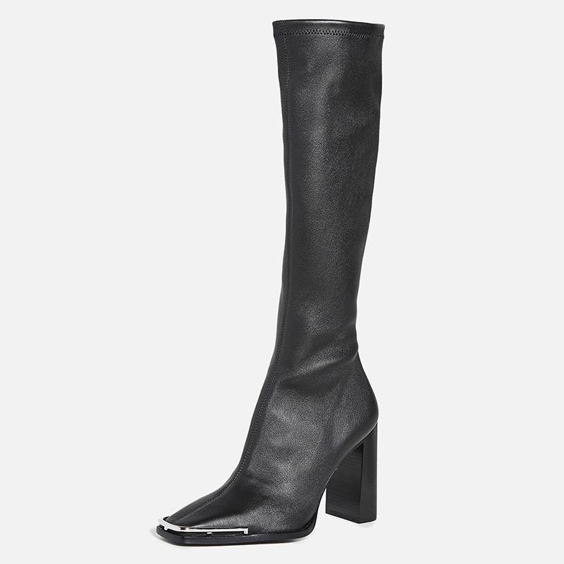 Chunky Heel Leather Slim Out Knee Boots