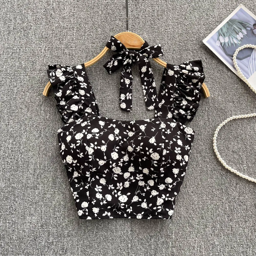 Retro Western Puff Sleeve Floral Short Sleeve Shirt - Black