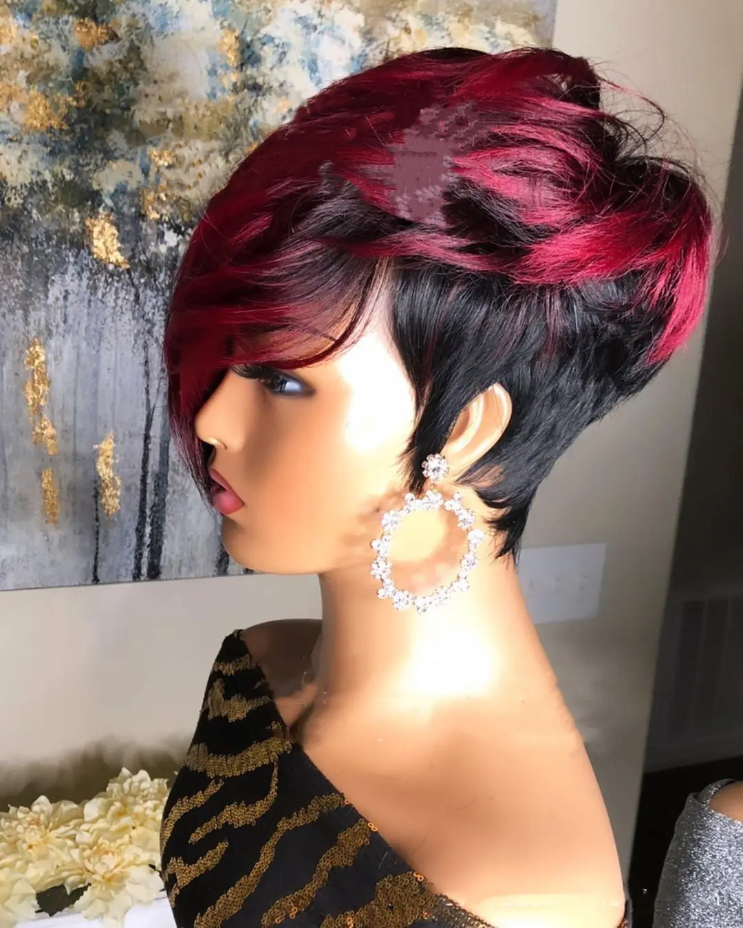 Dark Red Pixie Cut Wig Human Hair