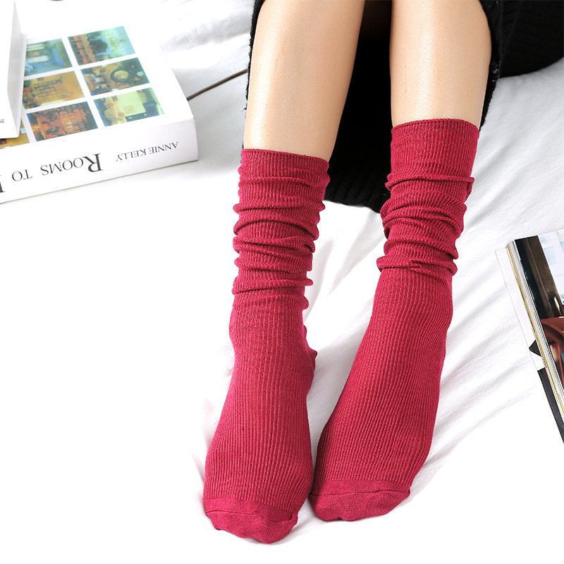 Women’s Thin Solid Color Retro Long Socks – Wine Red, One Size