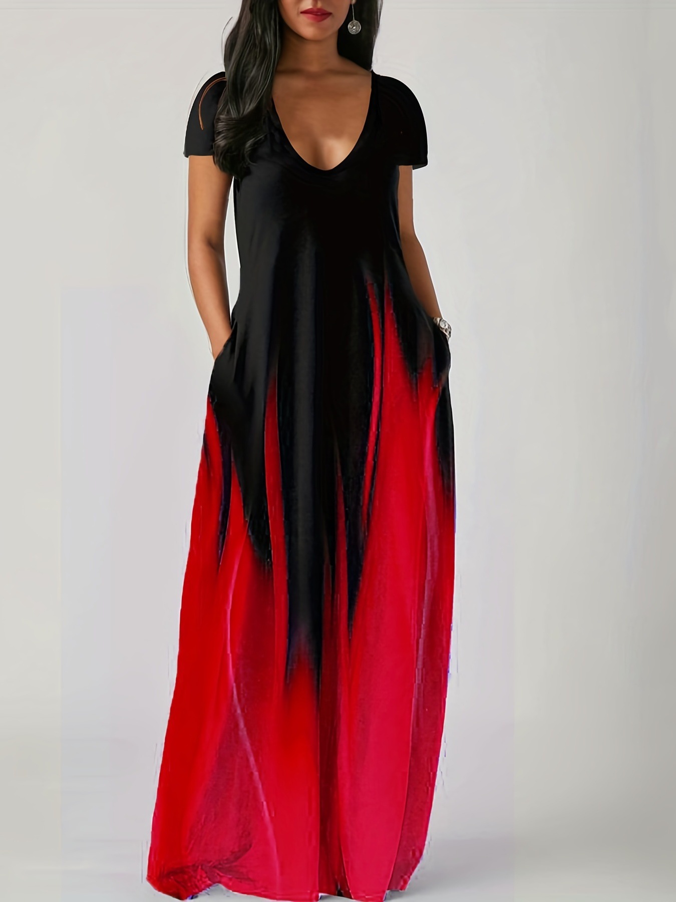 Women's Ombre Gradient Short Sleeve Maxi Dress With Pockets Casual V-Neck Loose Fit Long Dress For Summer
