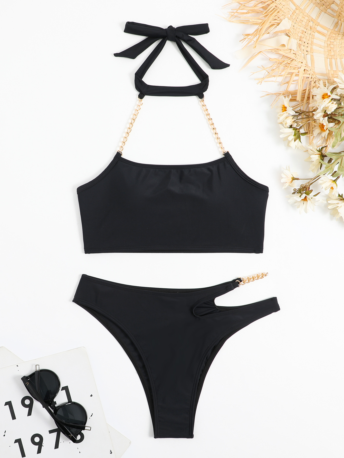 Suspended Neck Tie Up Split Swimsuit - Image 3