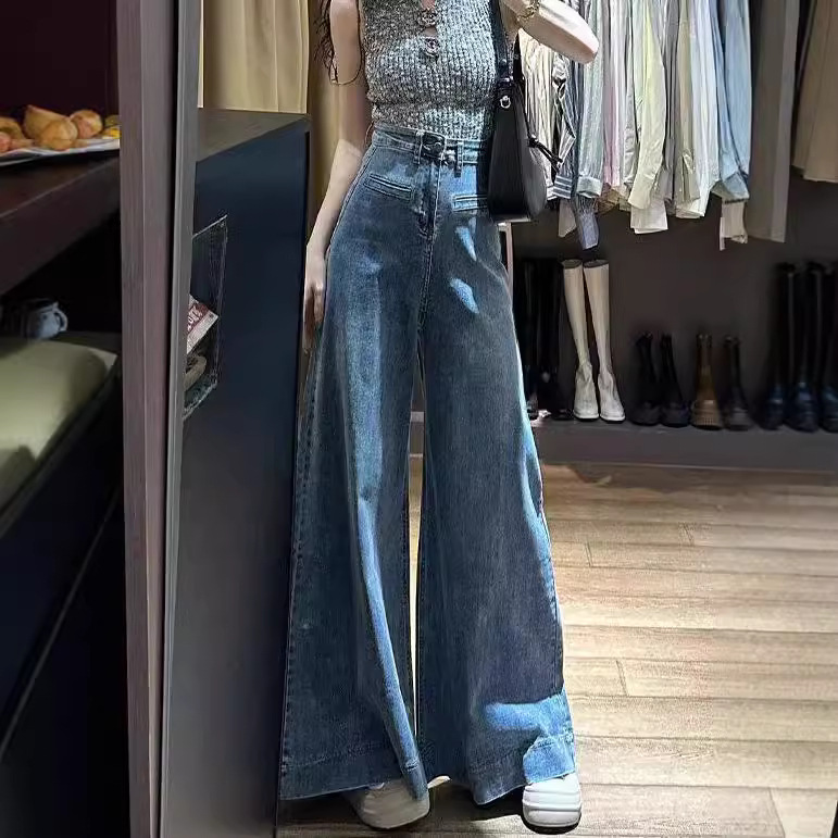 Retro Blue High Waist Loose Slim Floor-length Jeans For Women American High Street Drape Versatile Wide-leg Pants