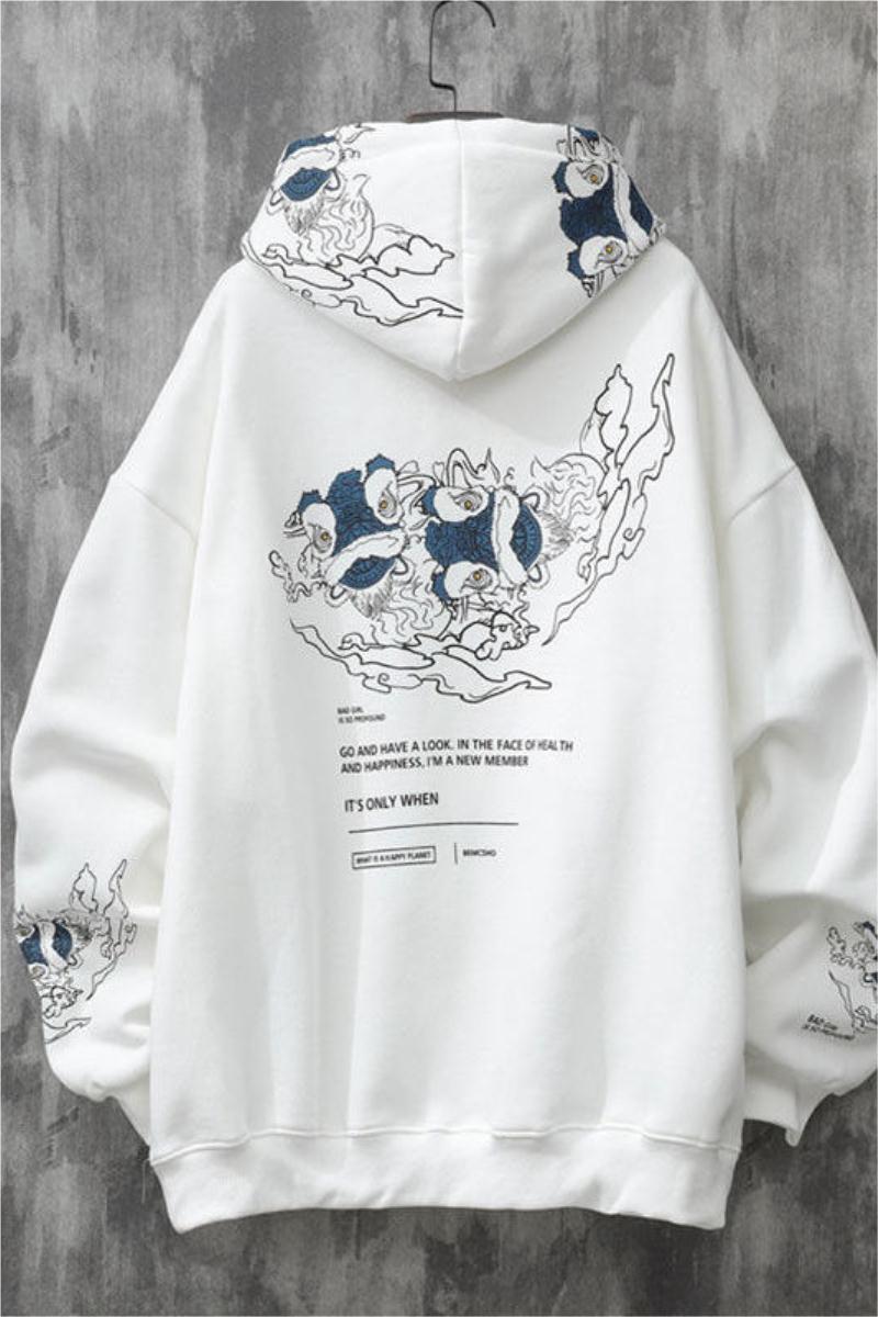 Trendy Brand Chinese Style Lion Dance Print Hooded Sweater Men