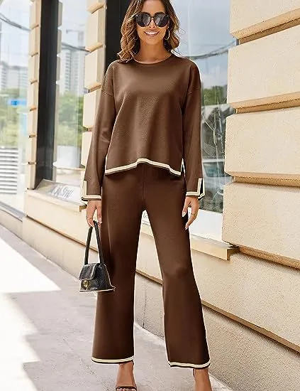 Women's Long Sleeve Knit Sweater Top Wide Leg Pants Casual Set Dark Brown - Shop at LoveMi