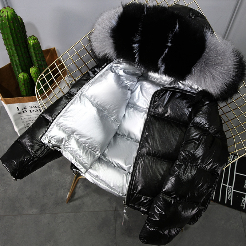 Winter Big Fur Collar Double sided Wear Net Red Shiny Silver Jacket Female Fox Fur Down Jacket Silver - Shop at LoveMi