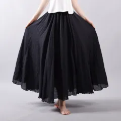 Solid Color Elastic Waist Linen Cotton Retro Ethnic Style Swing Skirt - Black - View 1