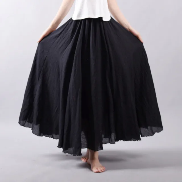 Solid Color Elastic Waist Linen Cotton Retro Ethnic Style Swing Skirt Black - Shop at LoveMi