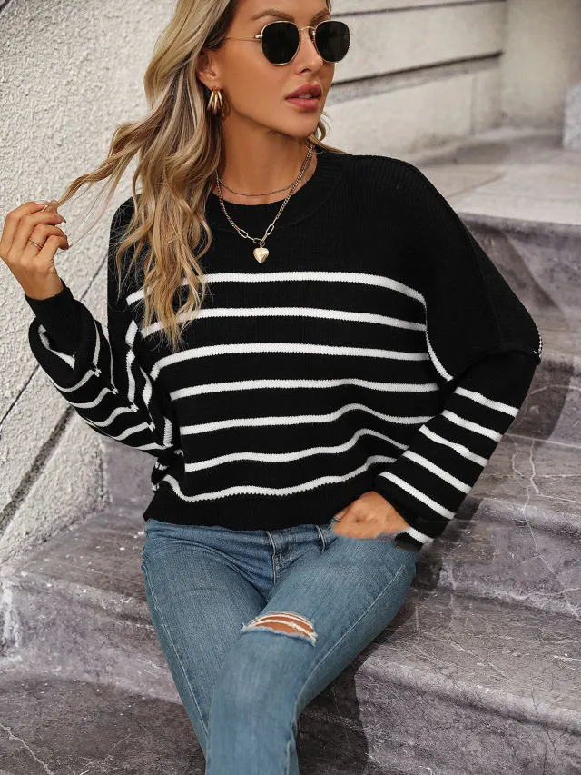 European And American Round Neck Women's Sweater Loose Pullover Stripe Sweater Black - Shop at LoveMi