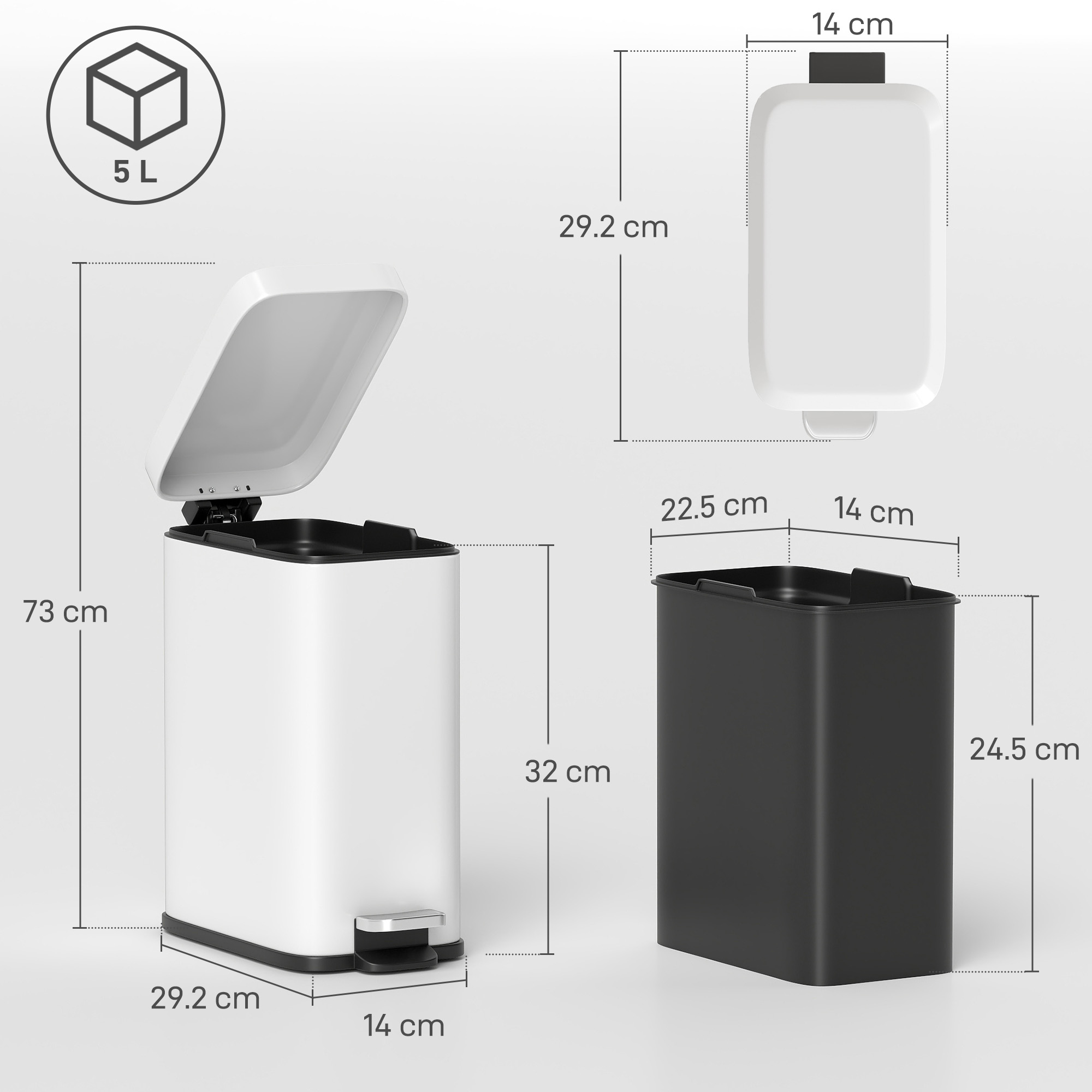 5-liter Rectangular Compact Garbage Bin, Steel Body, Detachable Silent — image 4