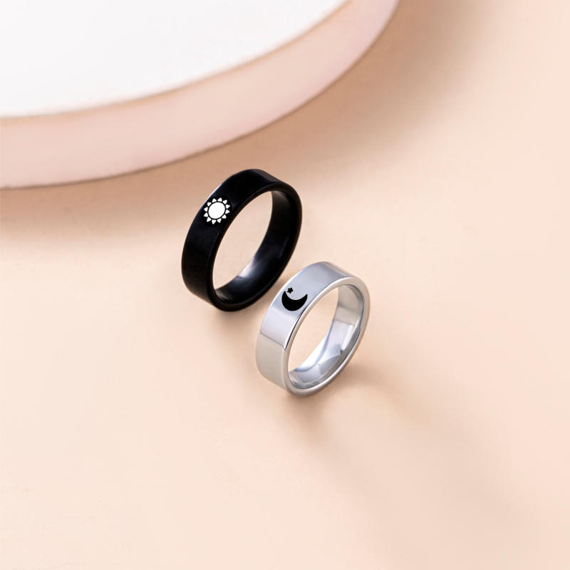 Simple Sun Moon Stainless Steel Ring Black Silver Romantic Couple Ring