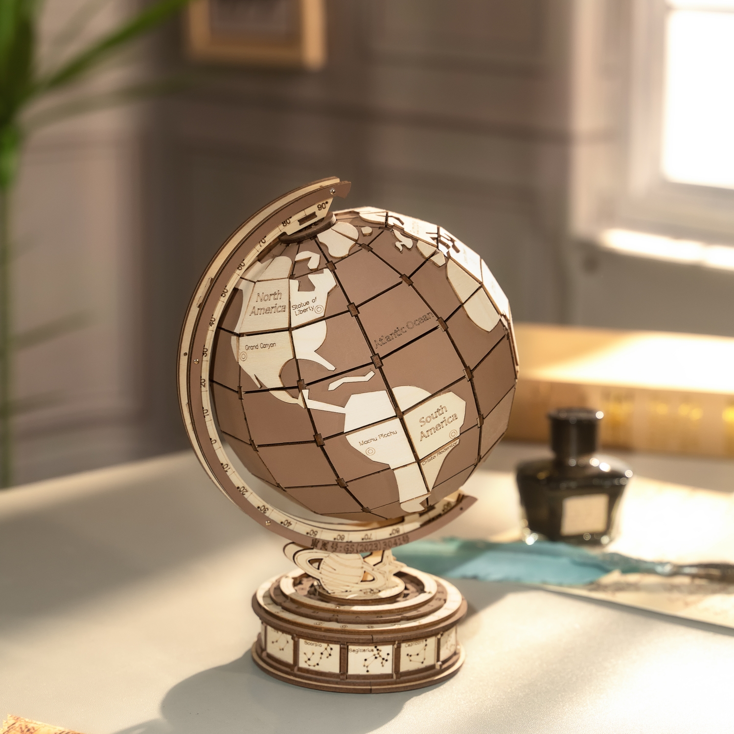 ROBOTIME 3D Wooden Globe Puzzle - 277-piece Rotating World Map Model Set With Astronomical Base, Fun DIY Project For Teenagers, Excellent Decoration