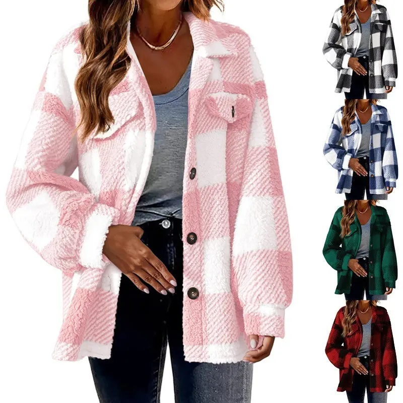 Turndown Collar Plaid Jacket with Pockets Single Breasted Button