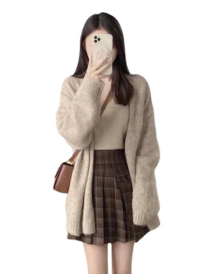 Ladies Lazy Knitted Cardigan Coat Plaid - Single Sling