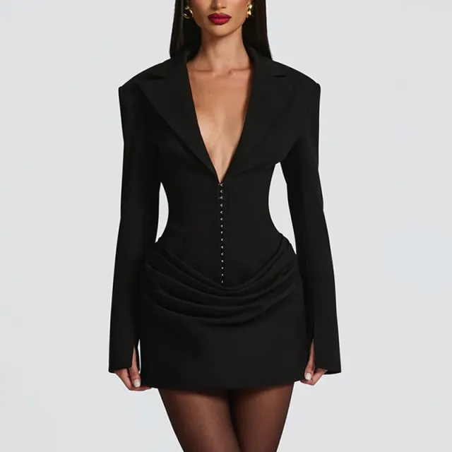Women's Elegant Solid Color Deep V Neck Long Sleeve Mini Dress Waist Ruffle Detail Party Dress For Spring Summer Black - Shop at LoveMi