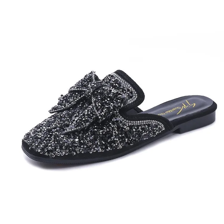 Korean Fashion Sequined Bow Half-length Slippers - Black