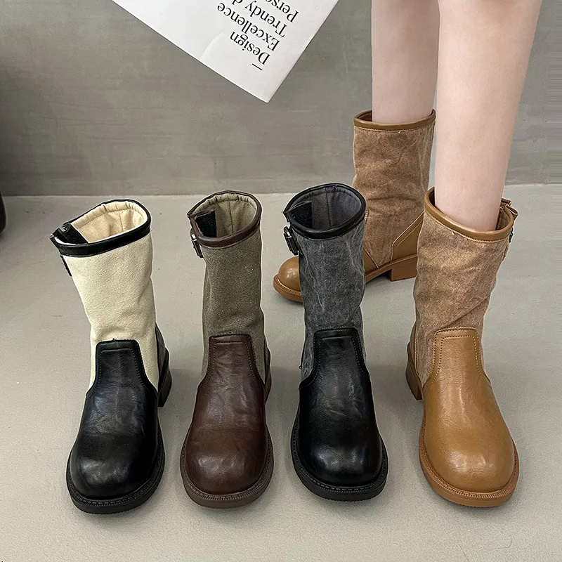 Women Round Toe Patchwork Fabric Leather Slouch