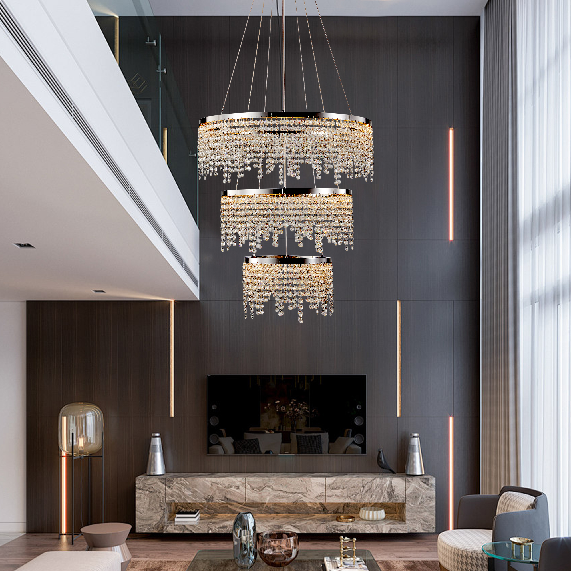 24-inch Crystal Chandelier LED Ceiling Lamp, Adjustable Color Temperature 3000K 4000K 6000K, Height Adjustable, Luxury Round Chandelier, Suitable For Living Room, Dining Room, Bedroom