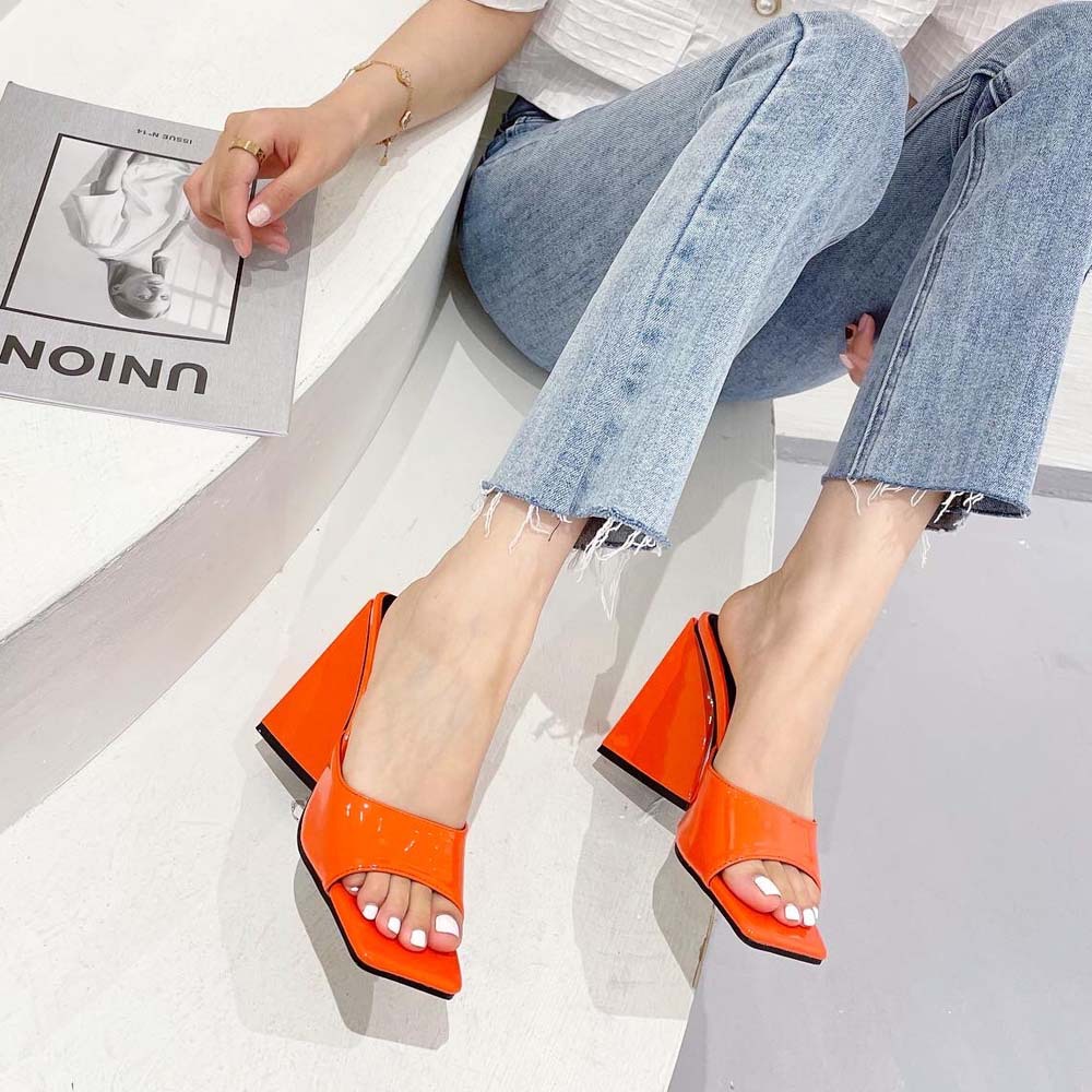 Large Square OpenToe Triangle Heel Sandals Orange - Shop at LoveMi
