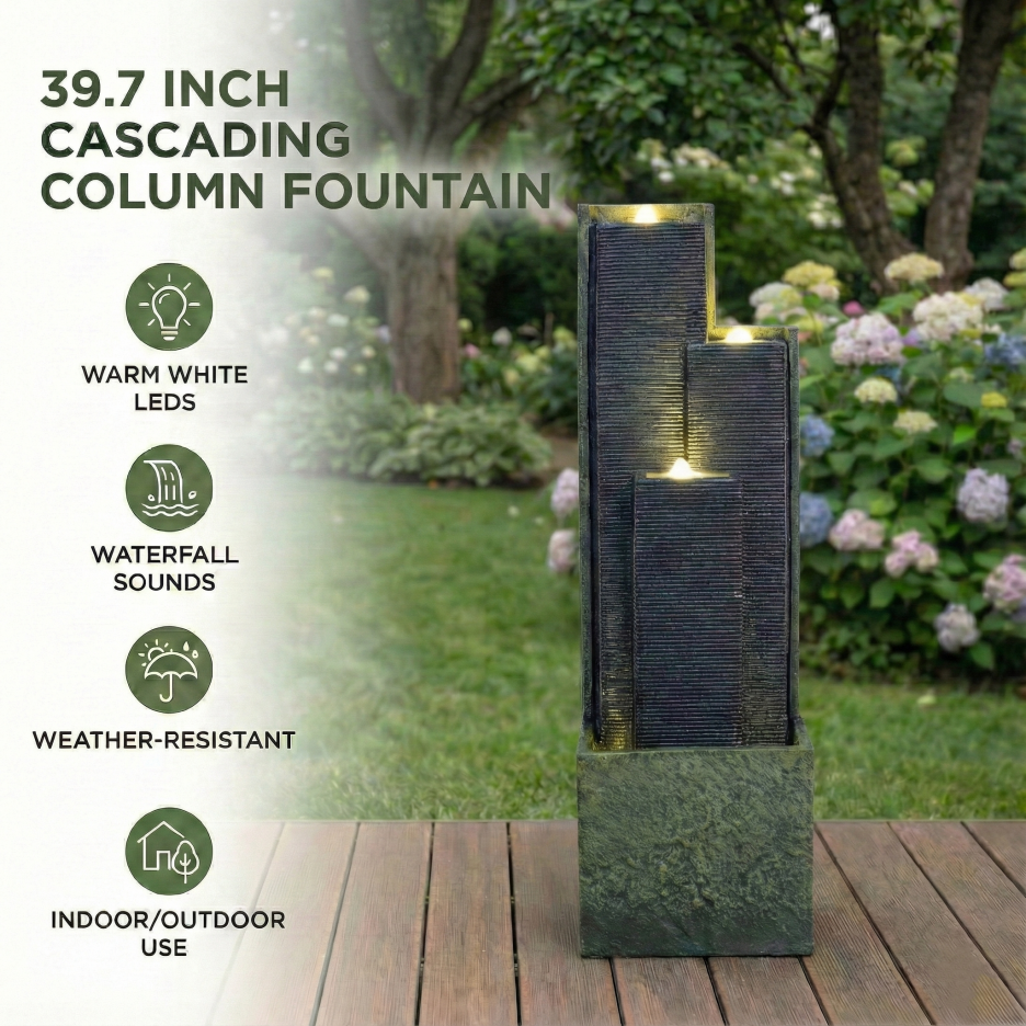 39inch H Outdoor Water Fountain Modern Cascading Freestanding Fountain With LED Lights For Garden Patio Porch Lawn Decor — foto 5