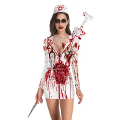 European And American Halloween Nurse Zombie Round Neck Slim Long Sleeve Dress - Photo Color-S - View 1