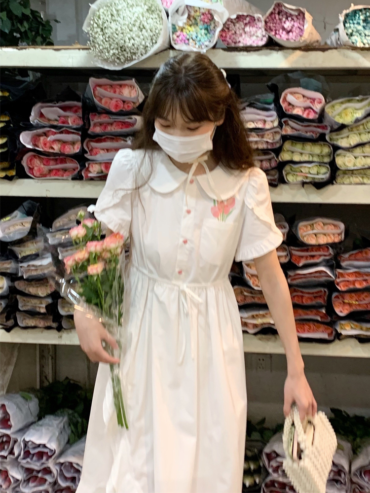 French Retro White Print Age-reducing Doll Collar Dress Fairy Super Fairy Summer Puff Sleeve Temperament Long Skirt