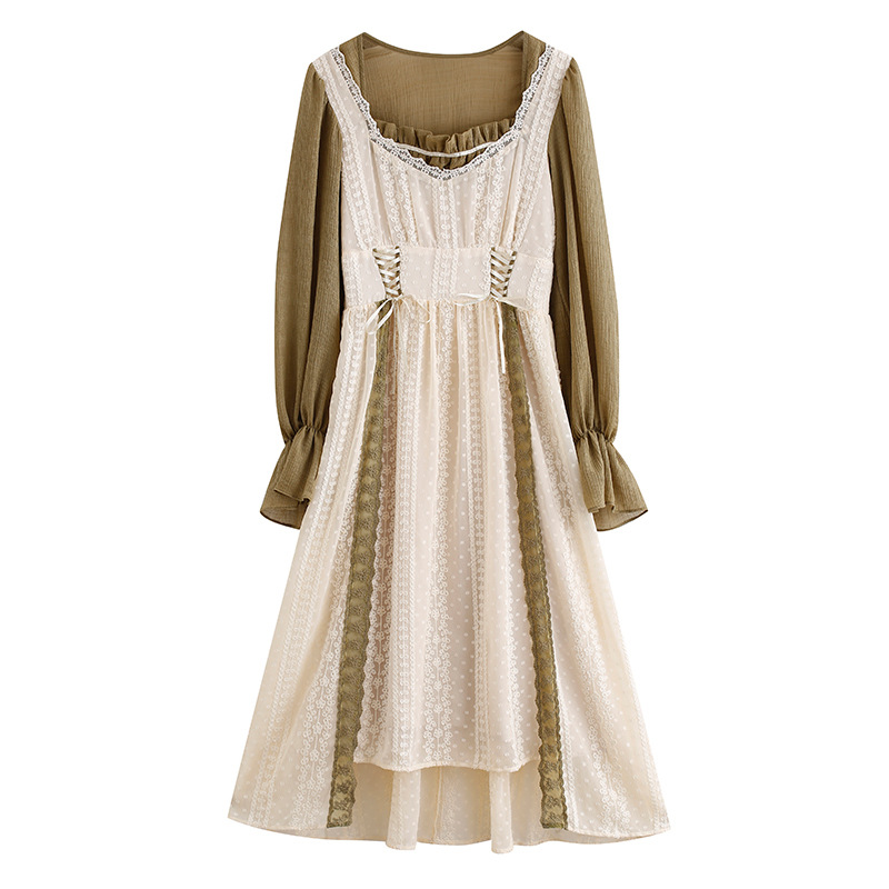 Women's Retro Waist Long-sleeved Jumpsuit Mid-length Dress
