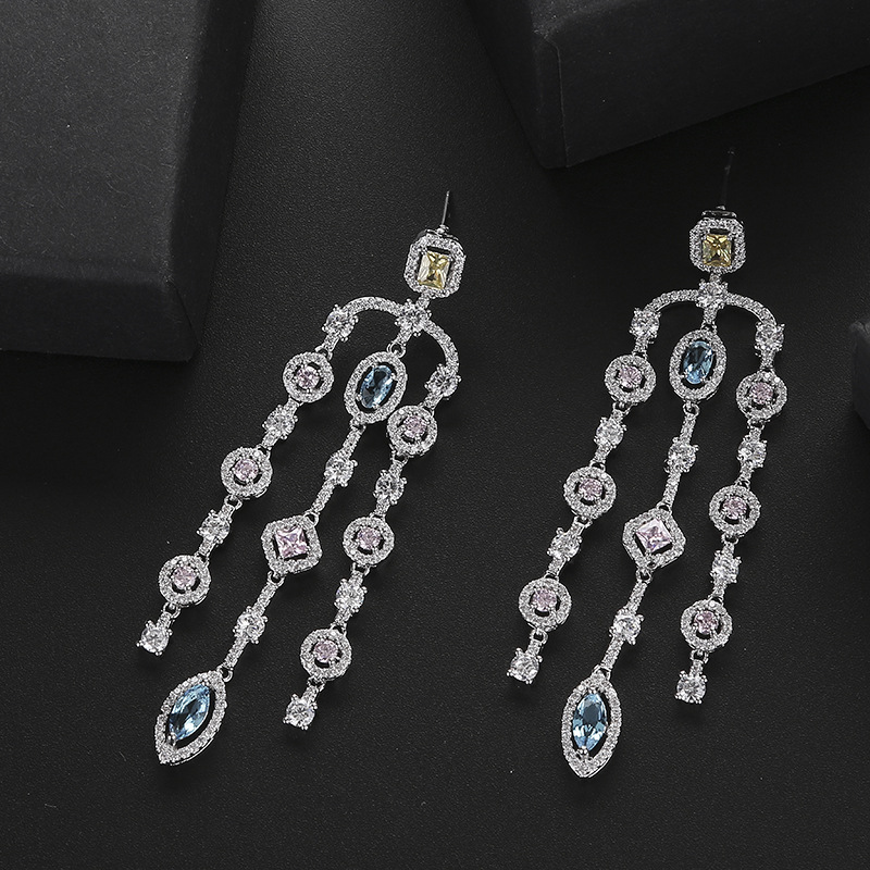 Copper Inlaid Zircon Color Geometric Shape Women's Long Tassel Earrings Female Ear Jewelry