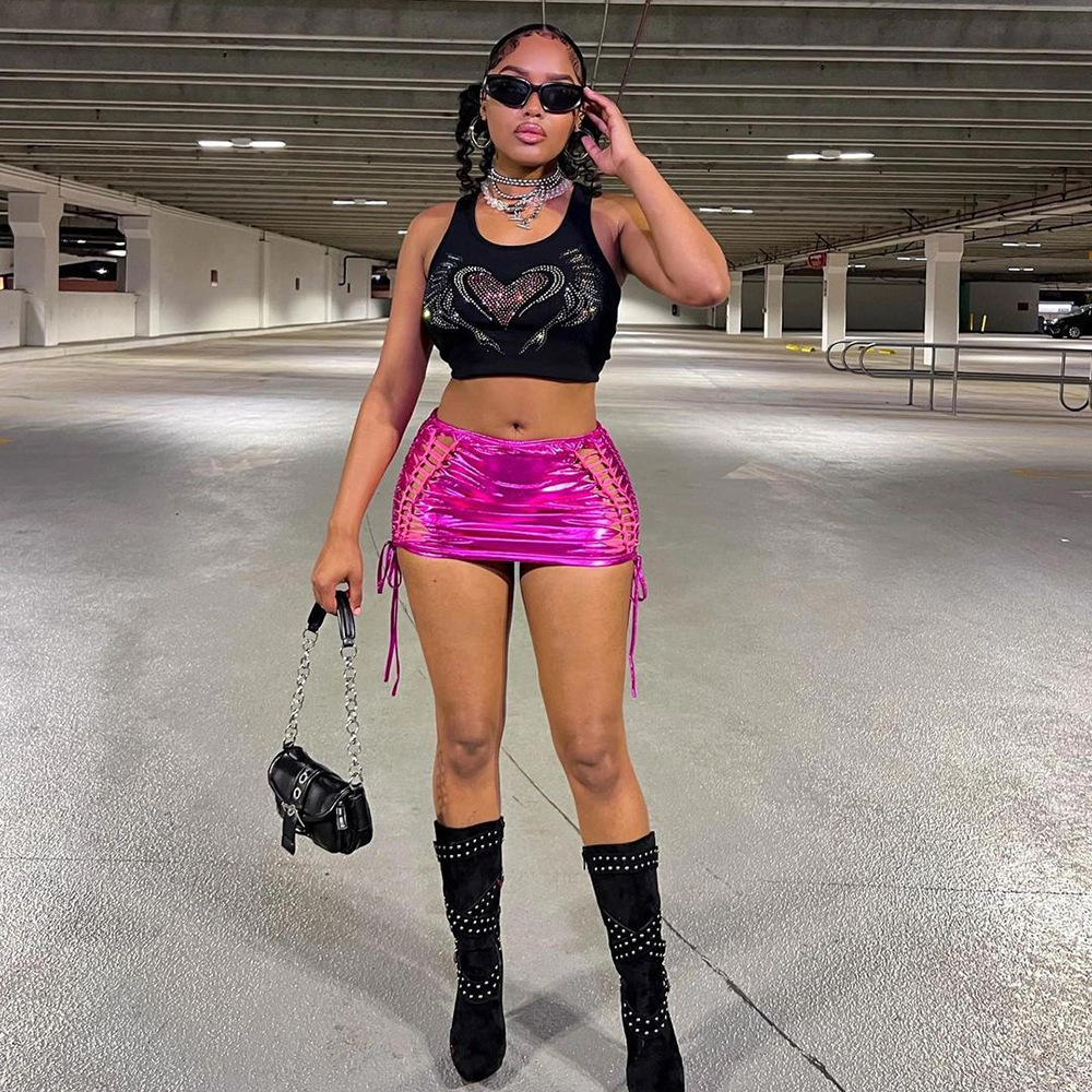 Women's Fashion Bright Leather Tassel High Elastic Hollow Straps Half-body Dress