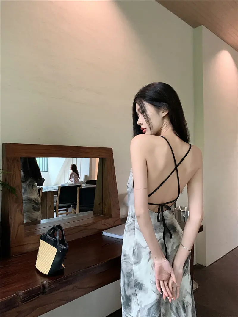 Women's Ink Painting Tie Dye Suspender Dress