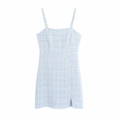 Tweed Pour Femmes, Summer Textured Mini Sling Dress - Blue - View 1
