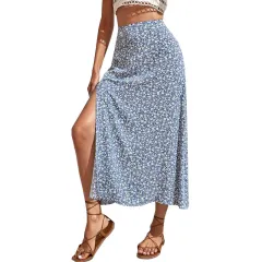 Women's Floral Split A-line Bag Hip Mid-waist Long Skirt - Light Blue - View 1