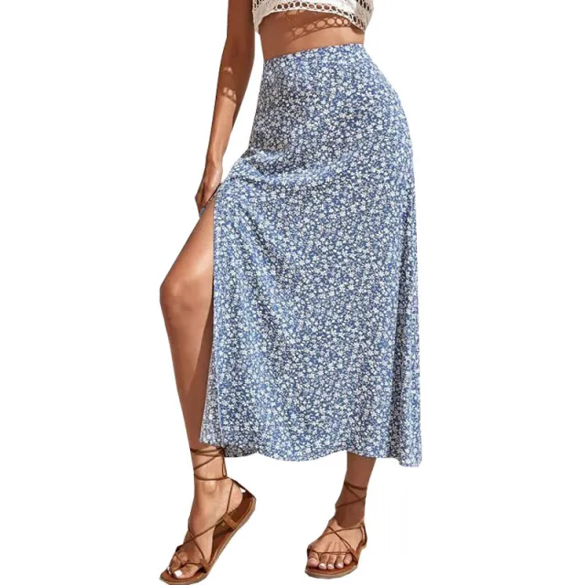Women's Floral Split A line Bag Hip Mid waist Long Skirt Light Blue - Shop at LoveMi