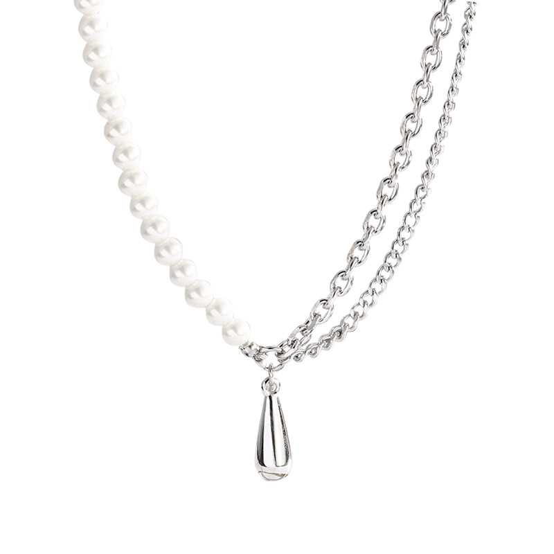 Pearl Stitching Metal Drop Pendant Necklace