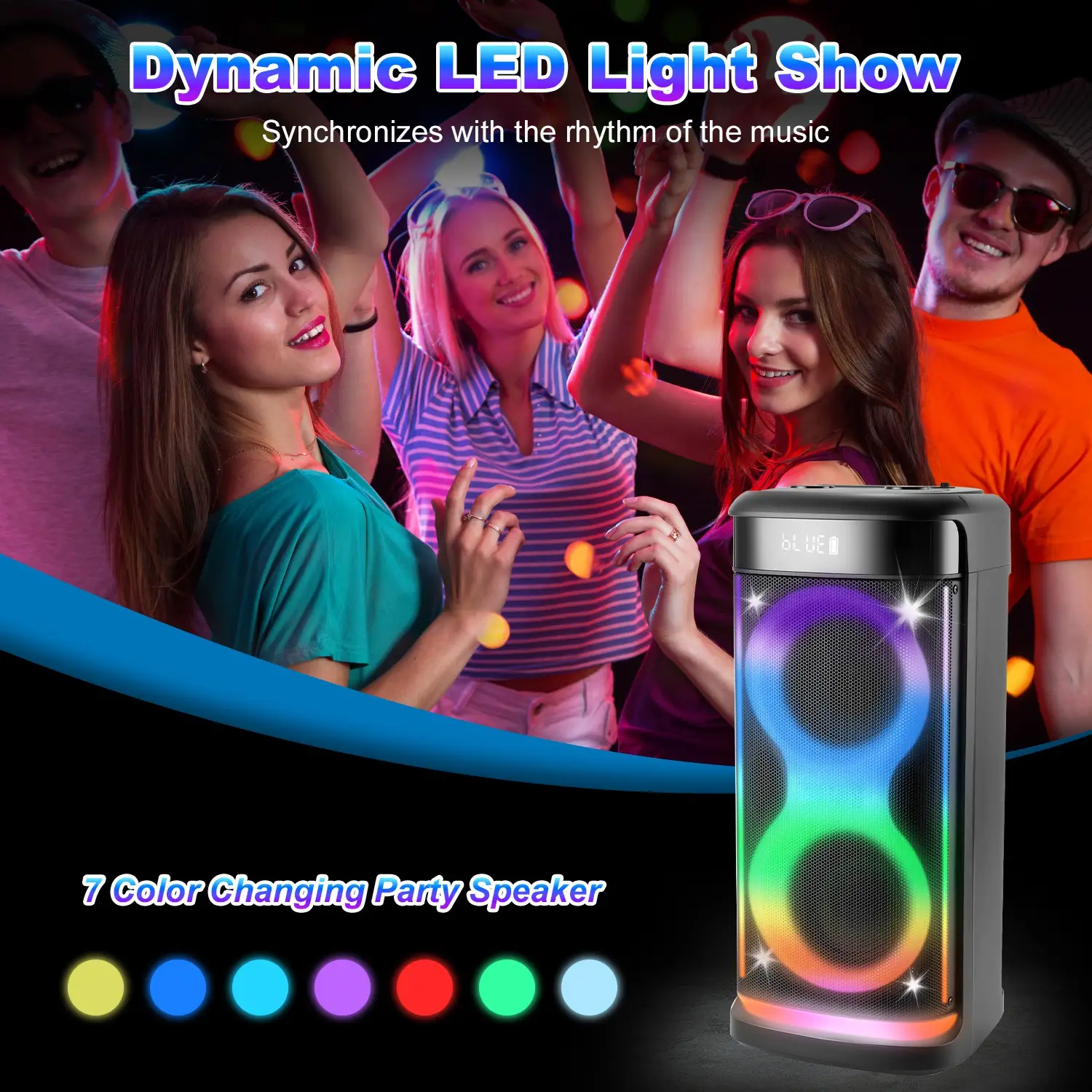 Portable Wireless Party Speaker With LED Light Wireless Mic Remote Control TWS Treble Bass Mic. Echo Music Accompany Mic. Priority Guitar In