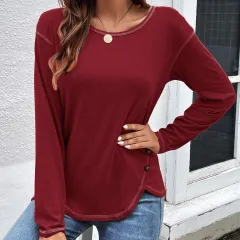 Europe And America New Women's Solid Button Irregular Edge T-shirt - Wine - View 1