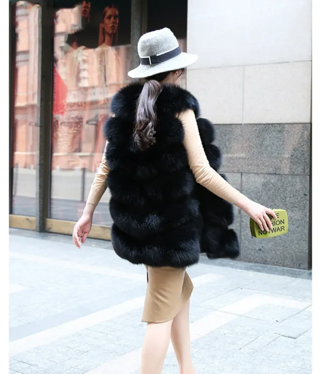 Mid Length Faux Fur Vest Jacket Black - Shop at LoveMi