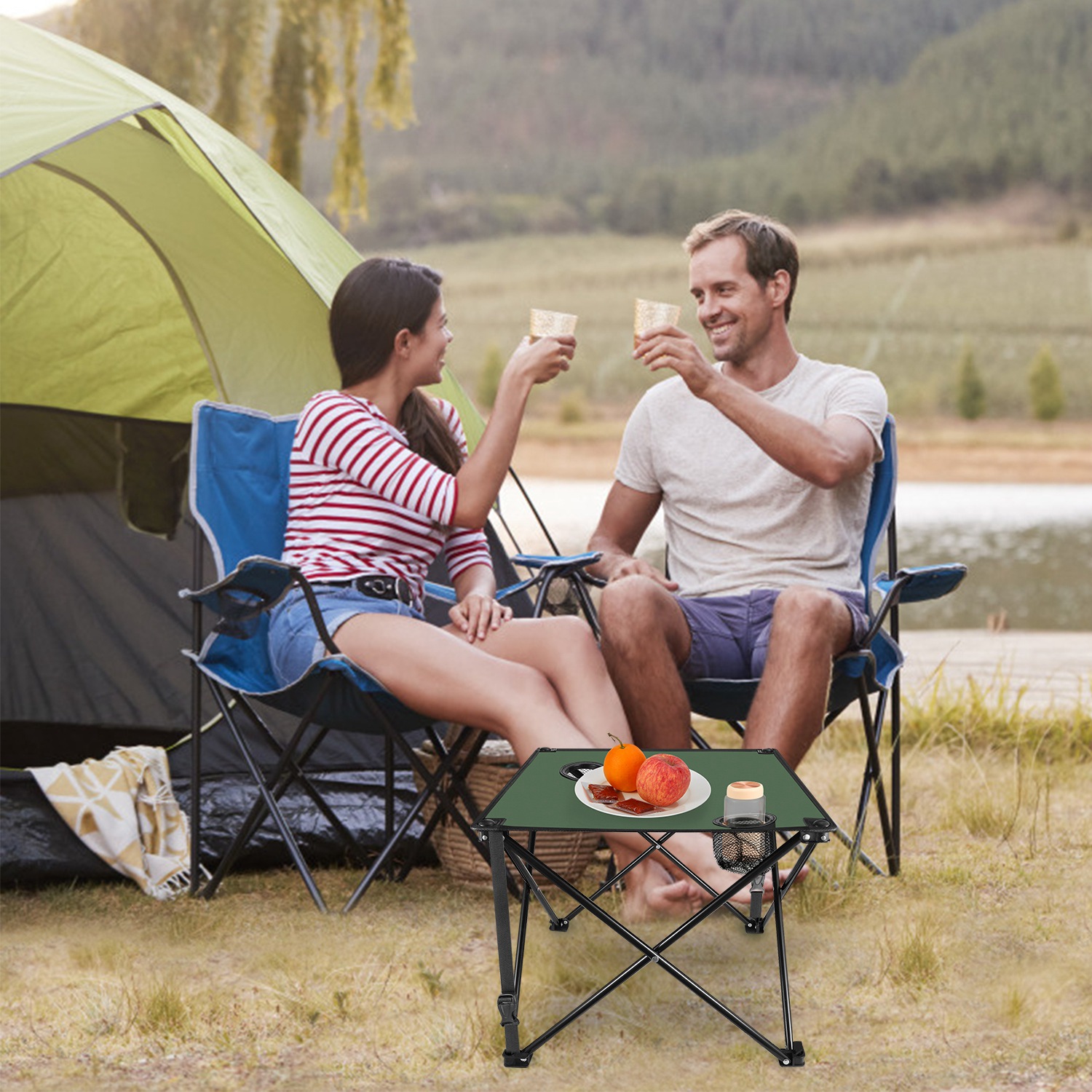 1Pc 2Pc Options Foldable Camping Table Portable Picnic Table Lightweight Travel Desk With 2 Cup Holders Carrying Bag Color Options Black Orange Green Red Blue Navy Blue image 18