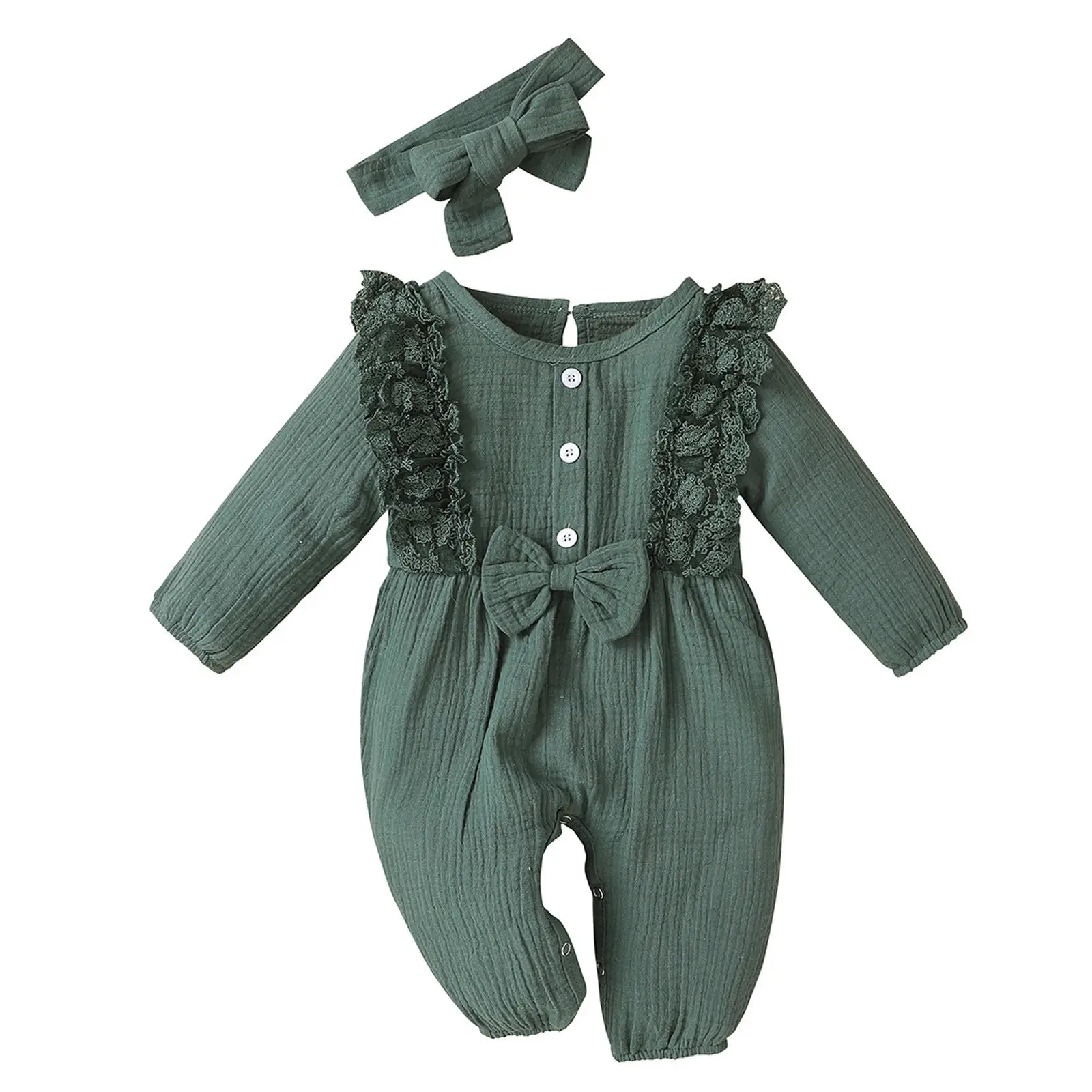 Cotton And Linen Lace Flying Sleeves Solid Color Romper For Girls