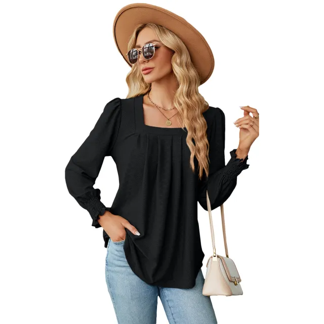 New Jacquard Pleated Square Neck T shirt Fashion Solid Color Long Sleeve Pullover Tops Womens Clothing Black - Shop at LoveMi