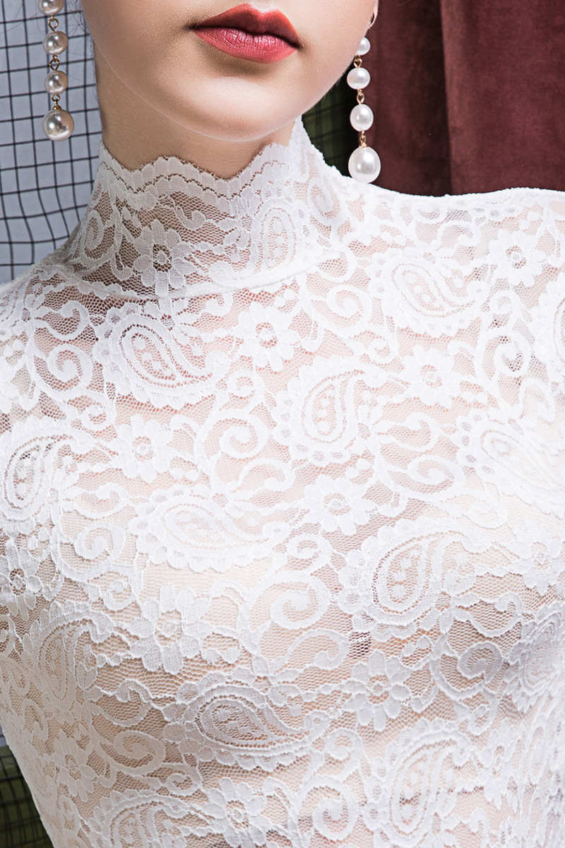 New Standing Collar Lace Bottom Top For Women's Tank Top Slimming White - Shop at LoveMi