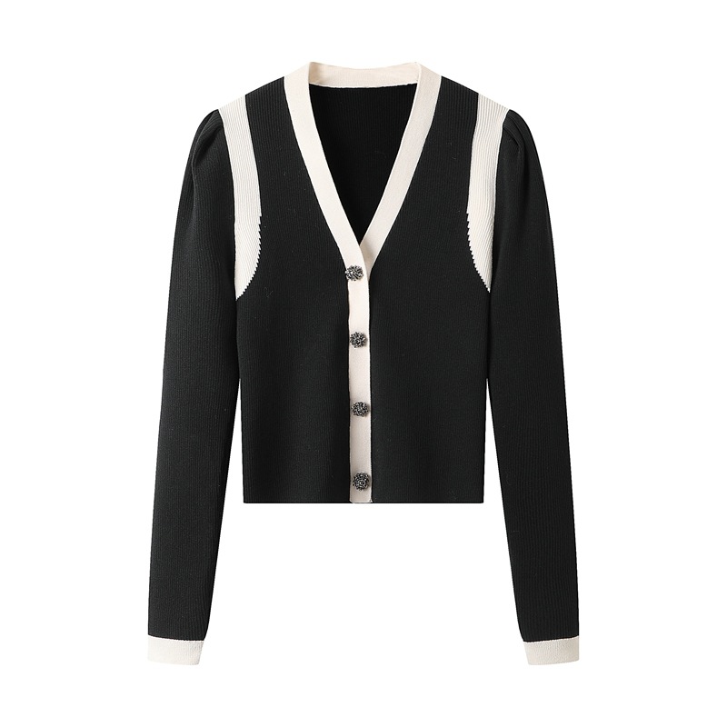 V-Neck Panel Single-Breasted Long-Sleeve Slim Fit Contrast Knit Sweater Top